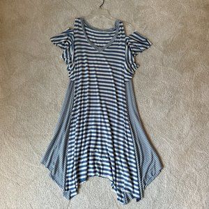 Dear John Blue/White Stripe Handkerchief Hem Dress Cold-Shoulder, V-neck, Large